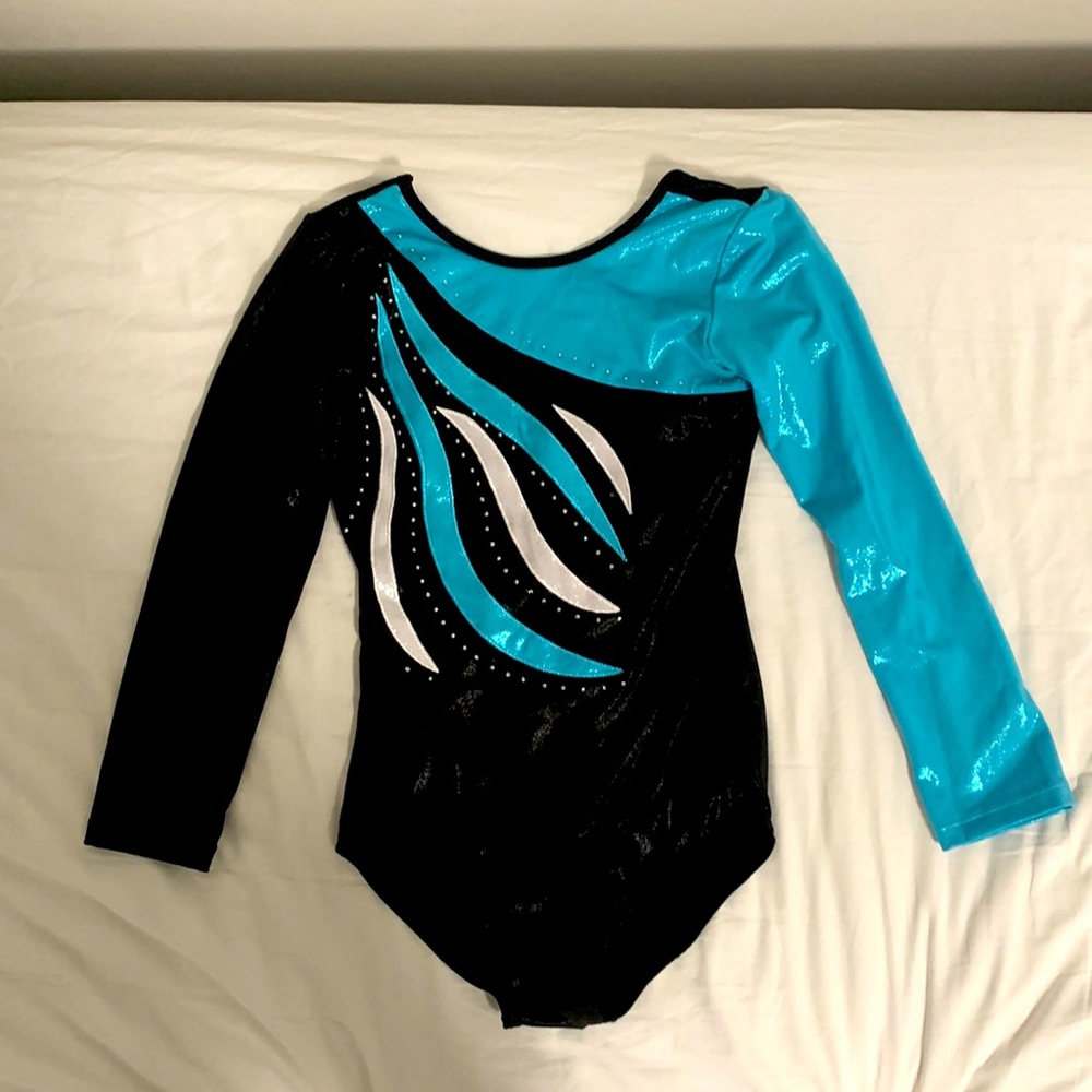 This is a black and blue gymnastics leotard.